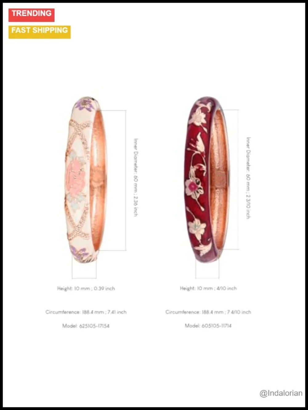 Cloisonne Enamel Flower Bangle Cuff Bracelet Set - Gold Plated